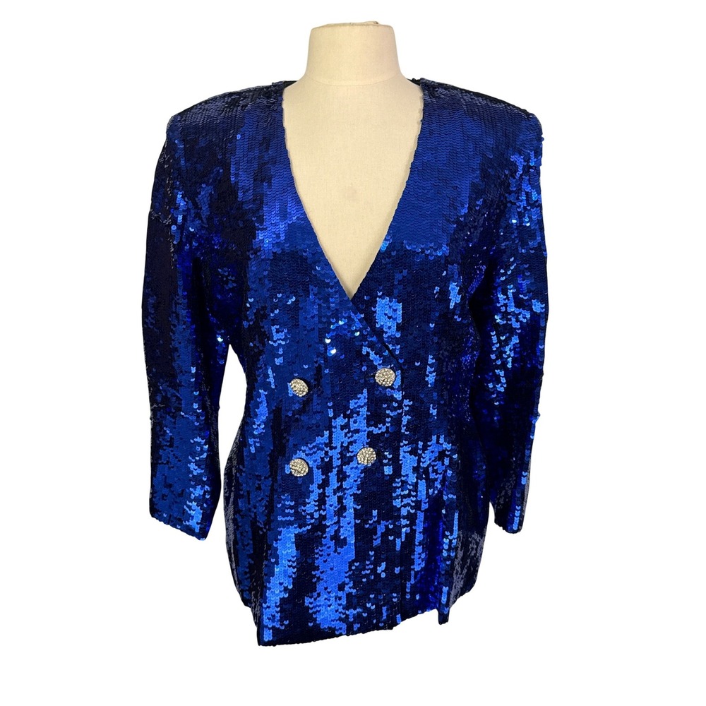 Nite Line Women's Royal Blue Sequin Double Breasted Blazer Jacket NIteline, sz L